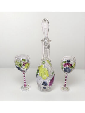 Vintage Hand Painted 2 Wine Goblets & Wine Decanter